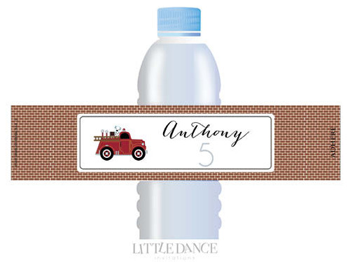 Vintage Fire Engine on Brick Personalised Birthday Party Favour Waterbottle Labels.