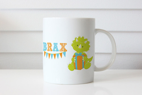 Personalised coffee mug featuring a cute baby dinosaur and your name. Made in Melbourne Australia
