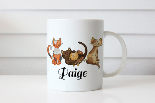 Custom Personalised coffee mug featuring a cat and your name. Made in Melbourne Australia