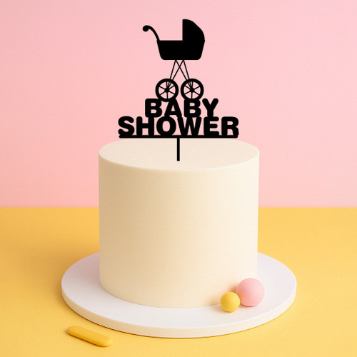 Baby Shower Acrylic Cake Topper. Baby shower cake decoration featuring a pram.