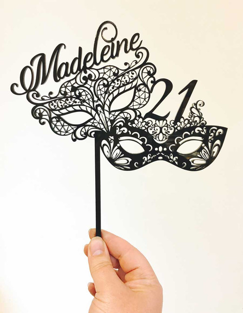 Personalised Masquerade Party Mask Cake Topper or Birthday Cake Decoration. Made in Australia.