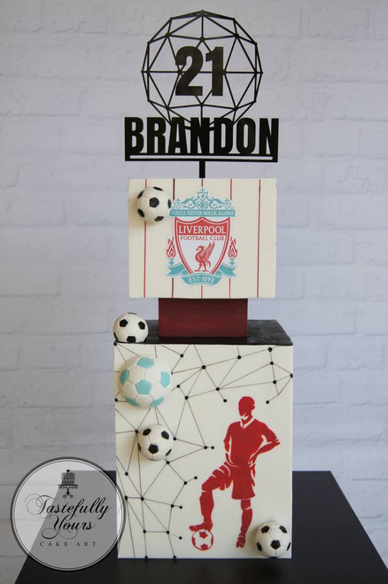 Soccer fan geometric cake with personalised cake topper