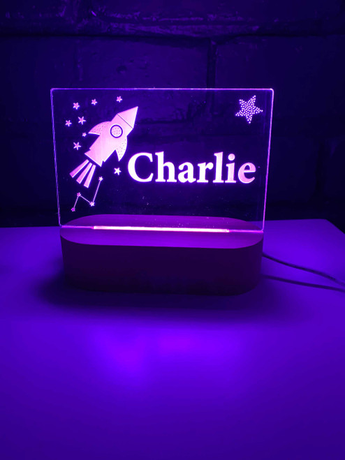 Personalised Space Rocket Nursery Light, Engraved kids night light. Made in Australia. Ideal birthday or Christmas Gift.