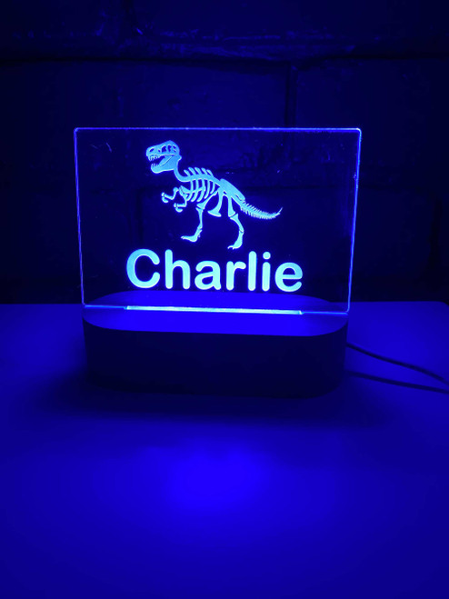 Personalised Dinosaur Skeleton Nursery Light, Engraved kids night light. Made in Australia. Ideal birthday or Christmas Gift.