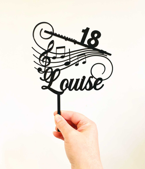 Personalised Flute with Musical Notes Cake Topper.  Made in Australia.