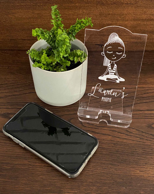 Personalised engraved acrylic smartphone holder -  Meditation design