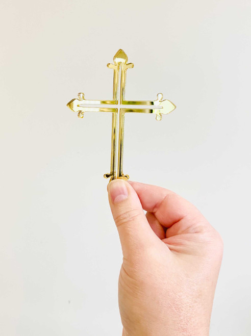 Fancy Religious cross cake decoration for christenings or baptism. Laser cut from acrylic including gold mirror, silver mirror and rose gold mirror.
