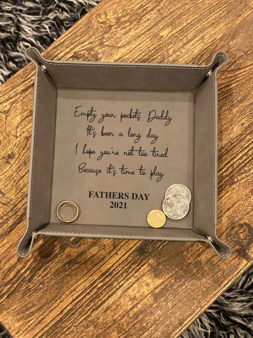 Grey leatherette Fathers Day Catch All Tray. Made in Australia