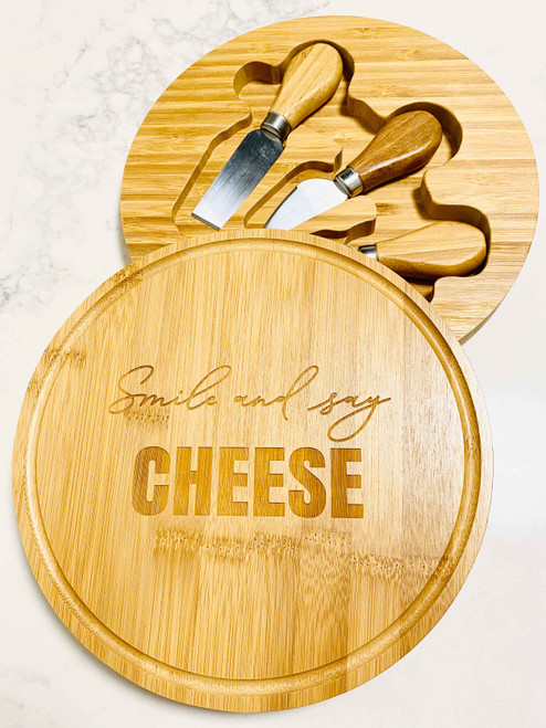 Smile and Say Cheese - Engraved Cheese Board Gift Set Smile and Say Cheese - Engraved Cheese Board Gift Set