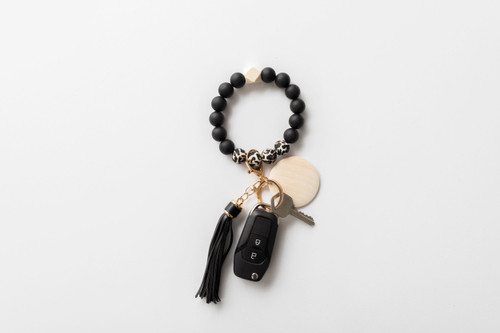 Personalised Black Cheetah Silicone Bead Keychain Bracelet With Tassel