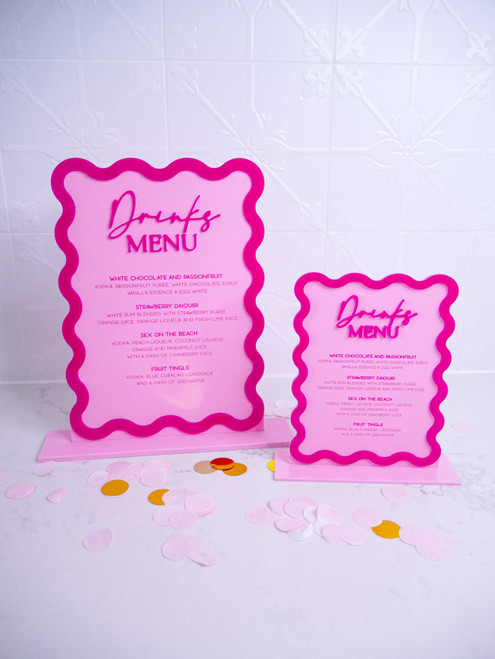Wavy Border Personalised Cocktails Menu - Wedding and Events Table Signage
Pastel Pink and Candy Pink Wavy Border Personalised Cocktails Menu - Wedding and Events Table Signage
Pastel Pink and Candy Pink
