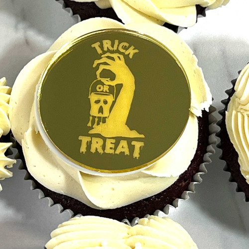 Trick or Treat Engraved Mirror Cake Charms for Halloween Cupcakes | Pack of 12 Trick or Treat Engraved Mirror Cake Charms for Halloween Cupcakes | Pack of 12