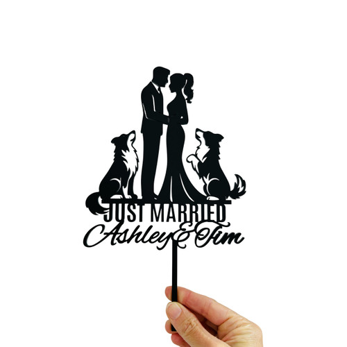 Bride & Groom with 2 Border Collies Cake Topper