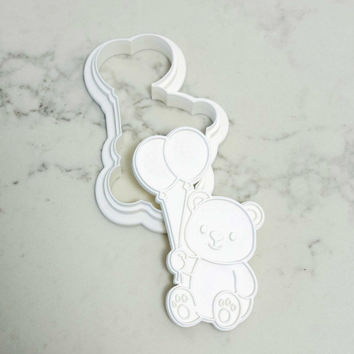 Baby Bear Holding Balloons Cookie Stamp and Cutter
