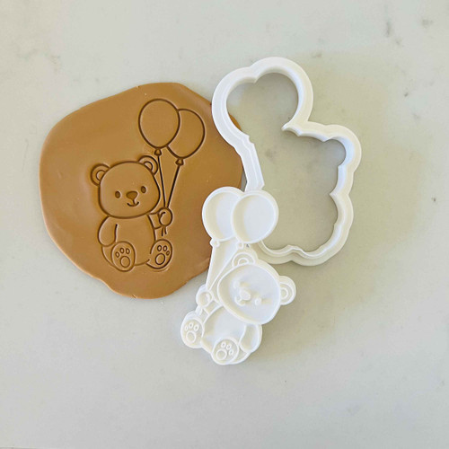 Baby Bear Holding Balloons Cookie Stamp and Cutter
