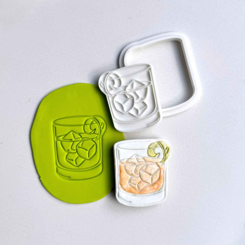 Whiskey glass cookie stamp with fondant detail