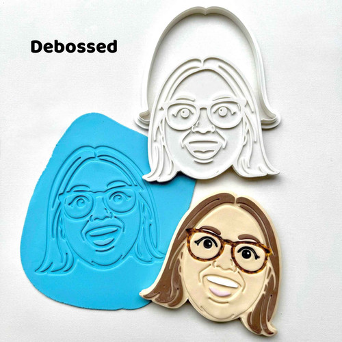 Debossed photo face cookie cutter with matching fondant stamp