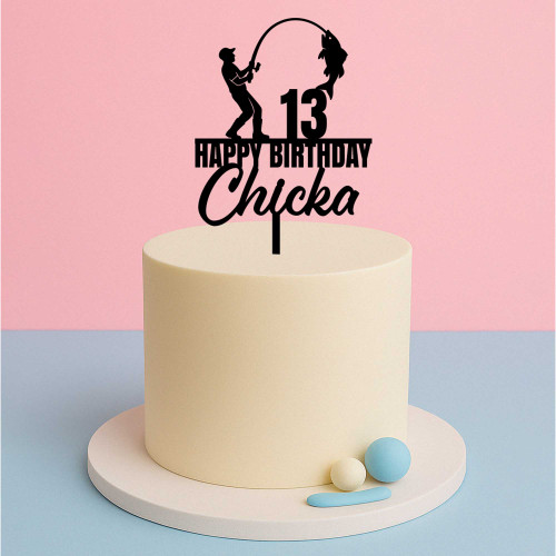 Personalised fishing cake topper with silhouette angler and custom name and age
