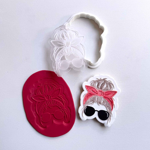 Messy bun cookie stamp with sunglasses and headband detail Messy bun cookie stamp with sunglasses and headband detail