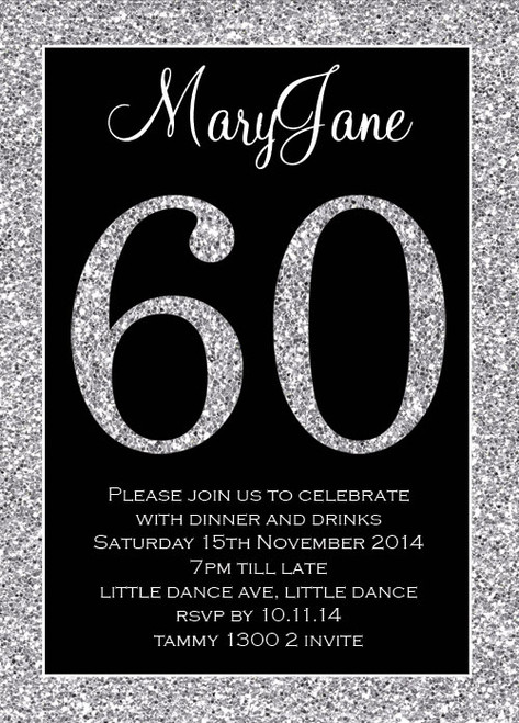 Glitter effect personalised 60th birthday party invitation