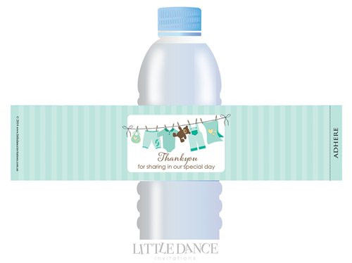 Green Clothesline theme personalised & custom baby shower water bottle labels for sale. Order online in Australia