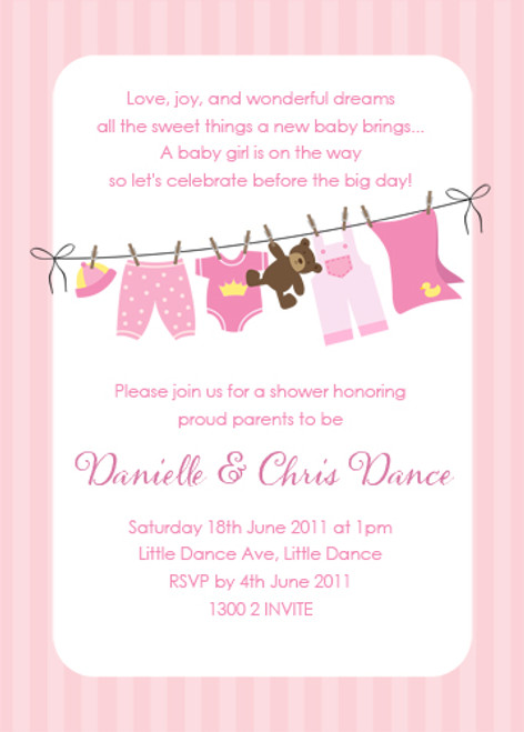 Pink Baby Clothesline Baby Shower Invitations