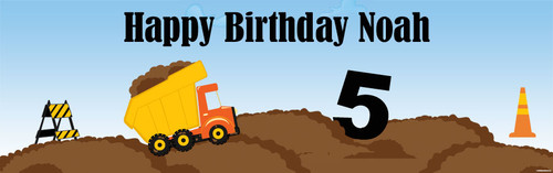 Personalized & custom boys birthday party banner. Construction Dump truck theme. Printed in Australia. Buy with After Pay, PayPal and Card