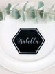 Hexagon printed acrylic table place cards for weddings, birthdays, christenings and other events. Laser cut in Australia