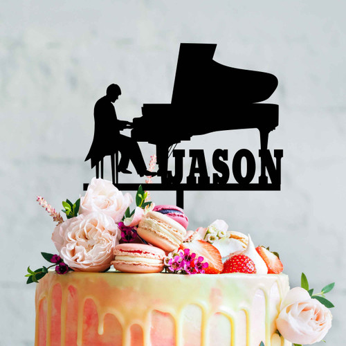Personalised Piano Birthday Cake Topper - Pianist playing Piano: retailer-supplied image
